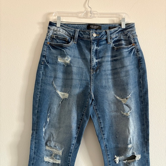 Judy Blue High Waist Cuffed Boyfriend Denim Jeans Distressed Straight Leg 11/30 - Picture 4 of 13